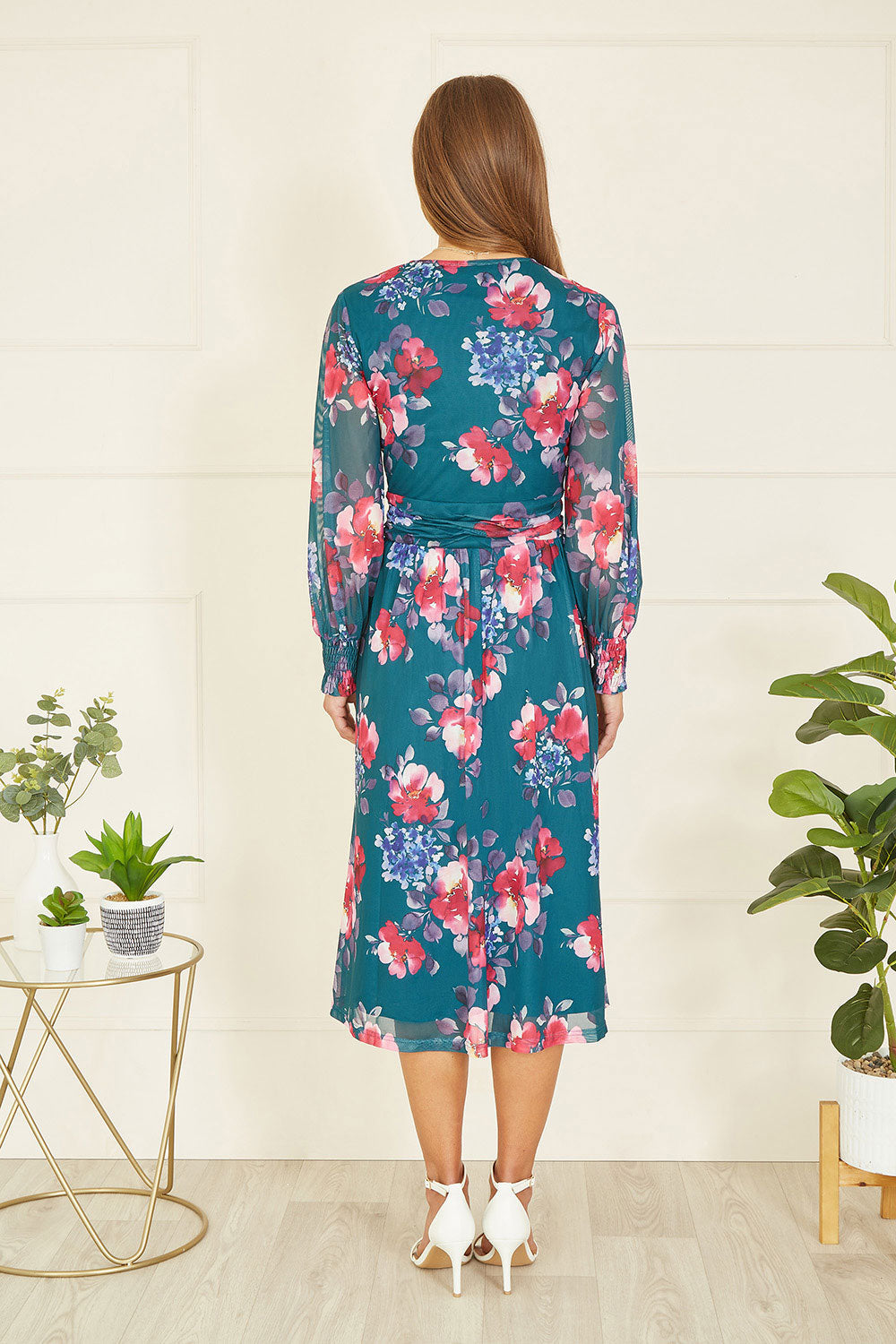 Yumi Green Floral Print Stretch Mesh Dress with Pockets
