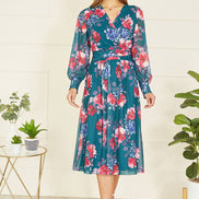 Yumi Green Floral Print Stretch Mesh Dress with Pockets