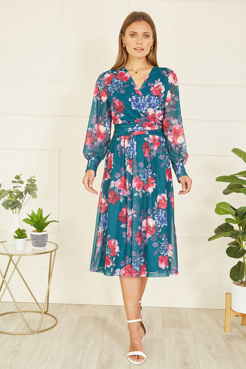 Yumi Green Floral Print Stretch Mesh Dress with Pockets