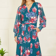 Yumi Green Floral Print Stretch Mesh Dress with Pockets