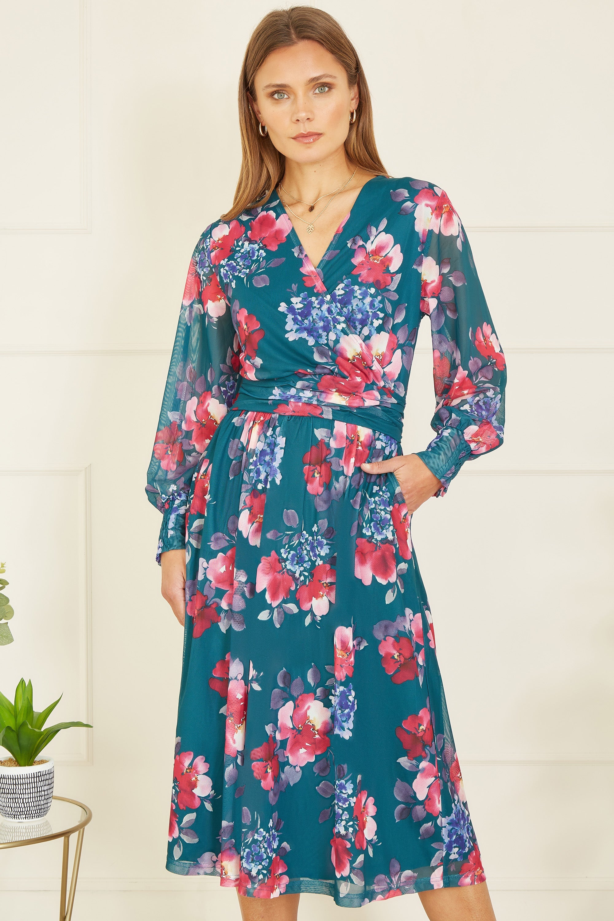 Yumi Green Floral Print Stretch Mesh Dress with Pockets