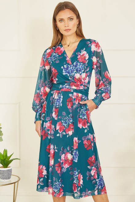 Yumi Green Floral Print Stretch Mesh Dress with Pockets