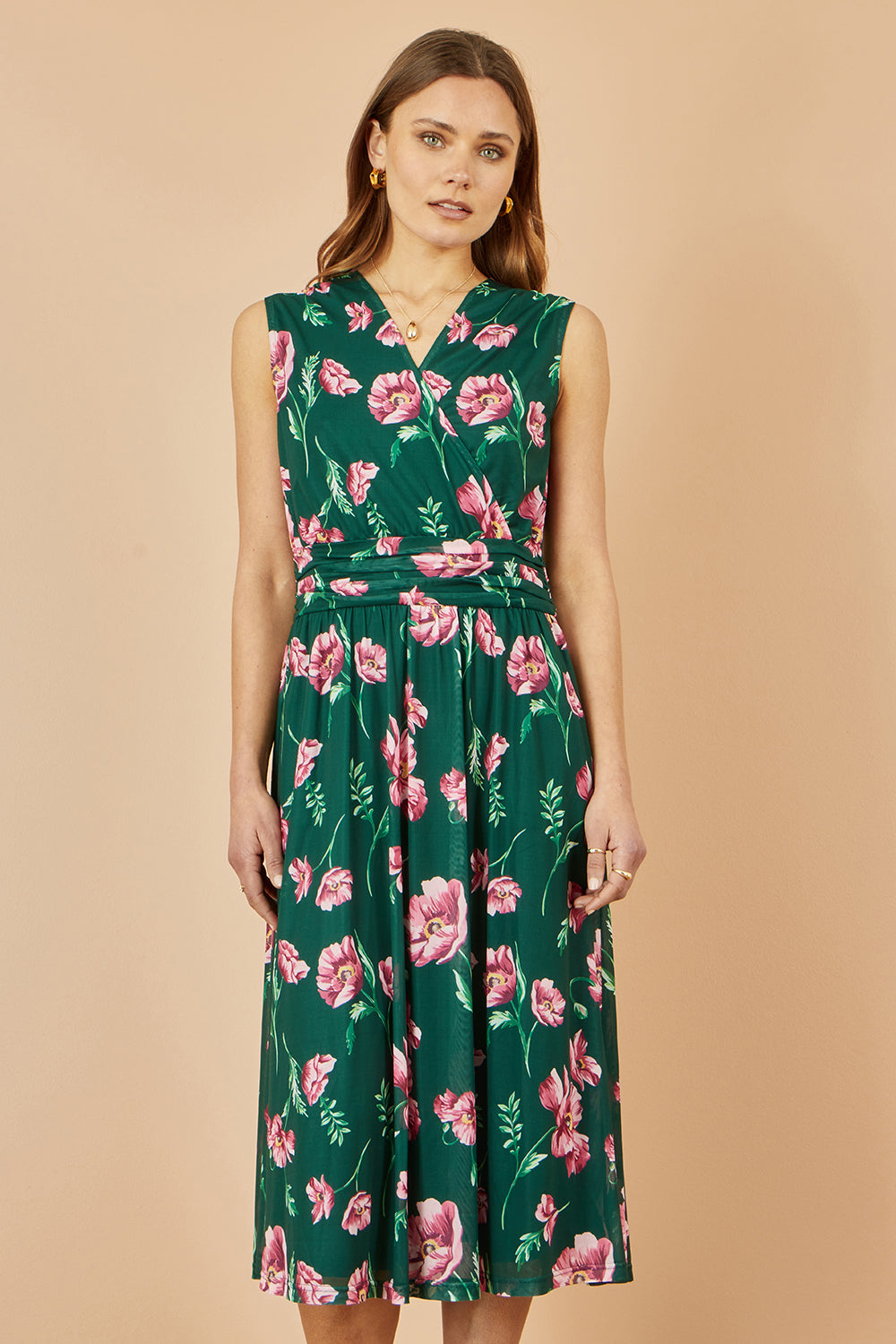 Yumi Green Floral Print Mesh Stretch Midi Dress with Pockets