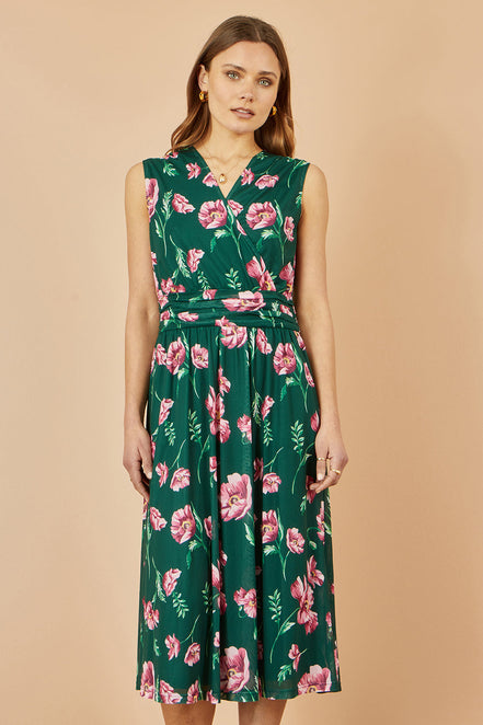 Yumi Green Floral Print Mesh Stretch Midi Dress with Pockets