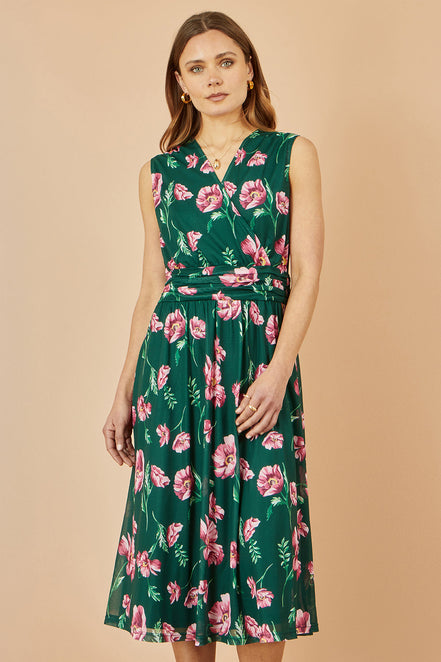 Yumi Green Floral Print Mesh Stretch Midi Dress with Pockets
