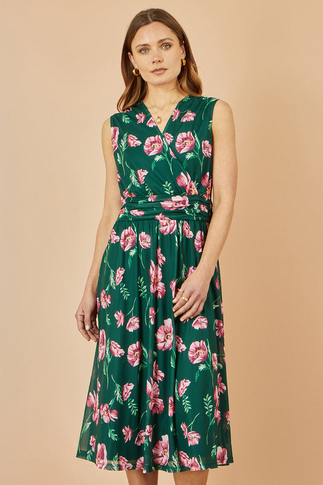 Yumi Green Floral Print Mesh Stretch Midi Dress with Pockets