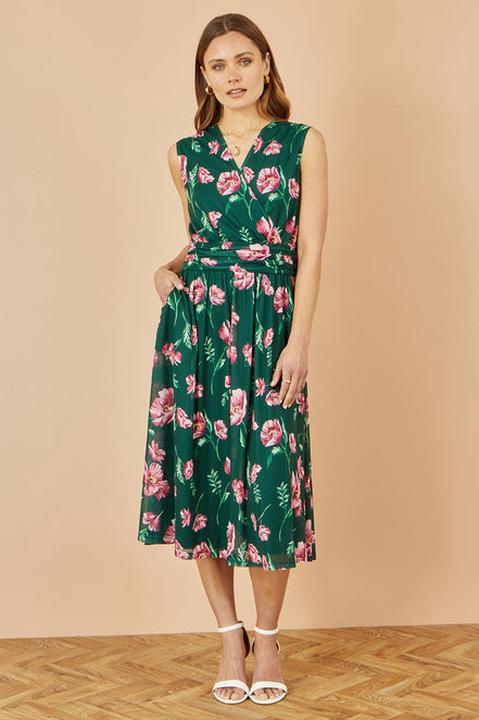 Yumi Green Floral Print Mesh Stretch Midi Dress with Pockets