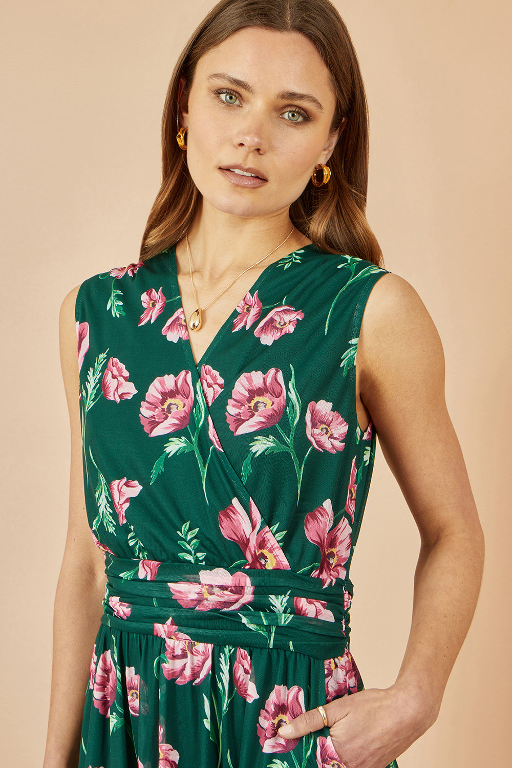 Yumi Green Floral Print Mesh Stretch Midi Dress with Pockets