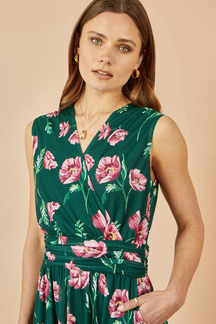 Yumi Green Floral Print Mesh Stretch Midi Dress with Pockets
