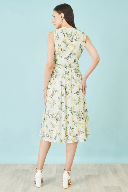Yumi White Floral Print Mesh Stretch Midi Dress With Pockets