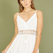 Yumi White Lace Midi Sundress With Tassel Tie and Ruched Back