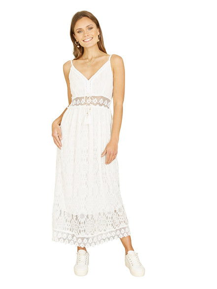 Yumi White Lace Midi Sundress With Tassel Tie and Ruched Back