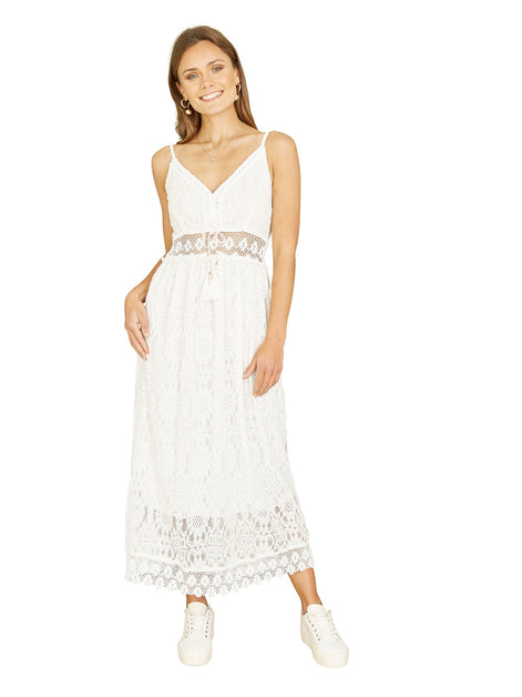 Yumi White Lace Midi Sundress With Tassel Tie and Ruched Back