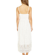 Yumi White Lace Midi Sundress With Tassel Tie and Ruched Back