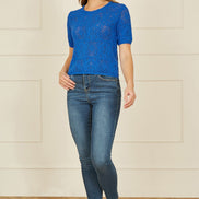 Yumi Blue Cotton Crochet Knitted Top