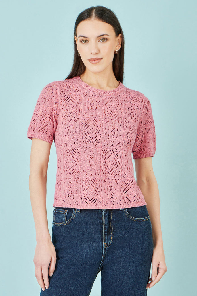 Relaxed Crochet Knit Top — Pink for women, styled for everyday