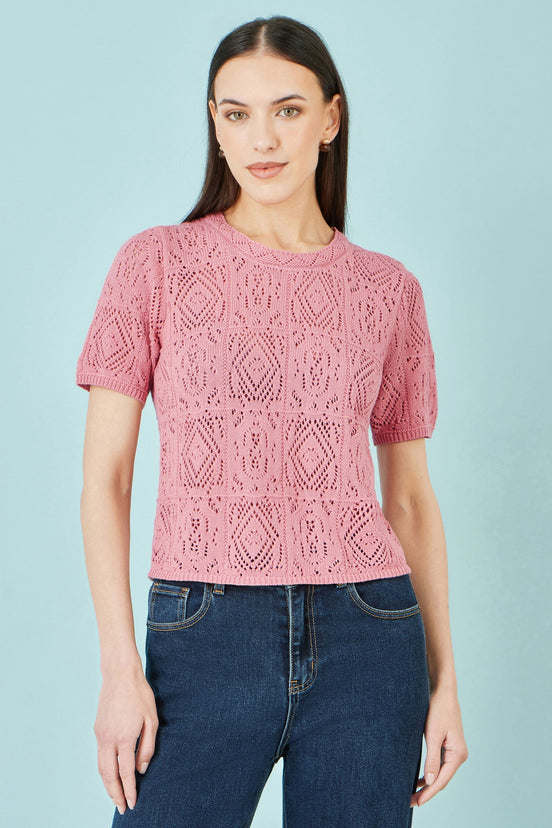 Relaxed Crochet Knit Top — Pink for women, styled for everyday