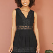 Yumi Black Lace Trim Cotton Midi Sun Dress