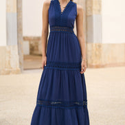 Yumi Navy Lace Trim Cotton Midi Sun Dress