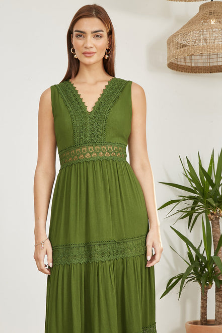 Yumi Green Lace Trim Cotton Midi Sun Dress