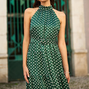 Yumi Green Spot Print Halter Midi Dress with Matching Belt