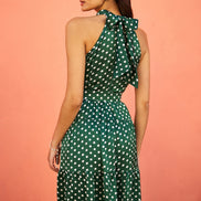 Yumi Green Spot Print Halter Midi Dress with Matching Belt
