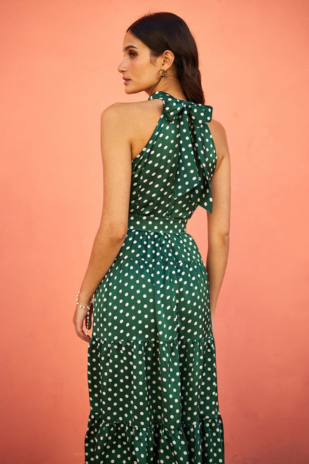 Yumi Green Spot Print Halter Midi Dress with Matching Belt
