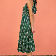 Yumi Green Spot Print Halter Midi Dress with Matching Belt