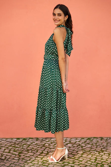 Yumi Green Spot Print Halter Midi Dress with Matching Belt