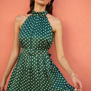 Yumi Green Spot Print Halter Midi Dress with Matching Belt