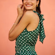 Yumi Green Spot Print Halter Midi Dress with Matching Belt
