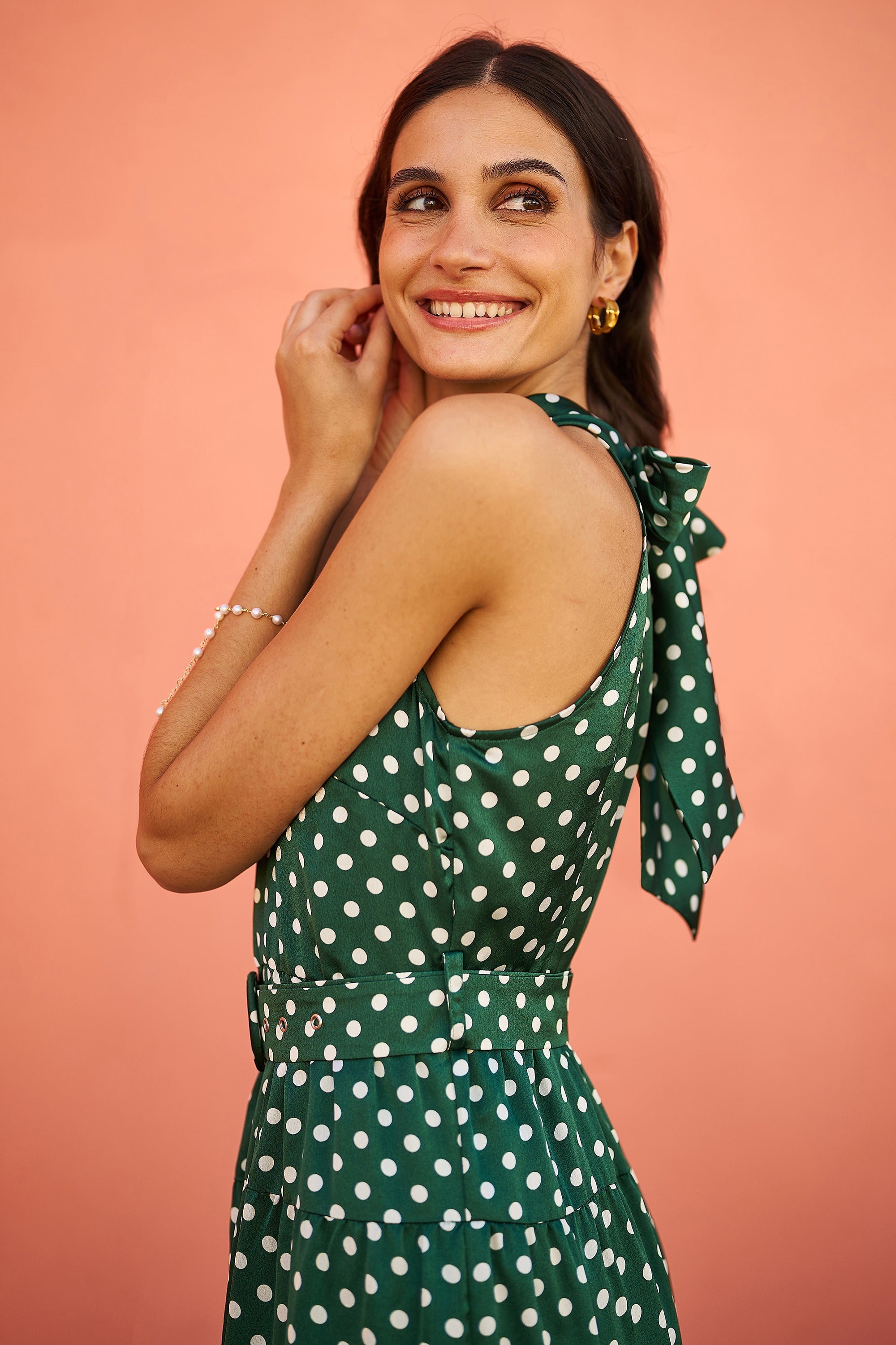 Yumi Green Spot Print Halter Midi Dress with Matching Belt