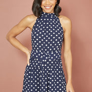 Yumi Navy Spot Print Halter Midi Dress with Matching Belt