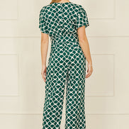 Yumi Green Geometric Print Wrap Jumpsuit