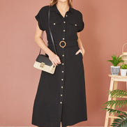 Yumi Black Viscose Linen Look Midi Shirt Dress with Wooden Belt