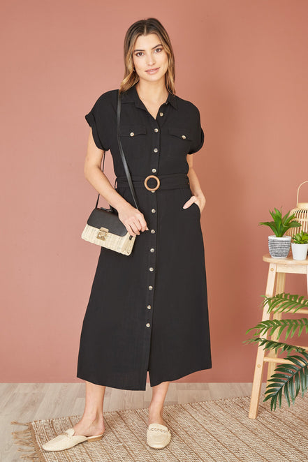Yumi Black Viscose Linen Look Midi Shirt Dress with Wooden Belt
