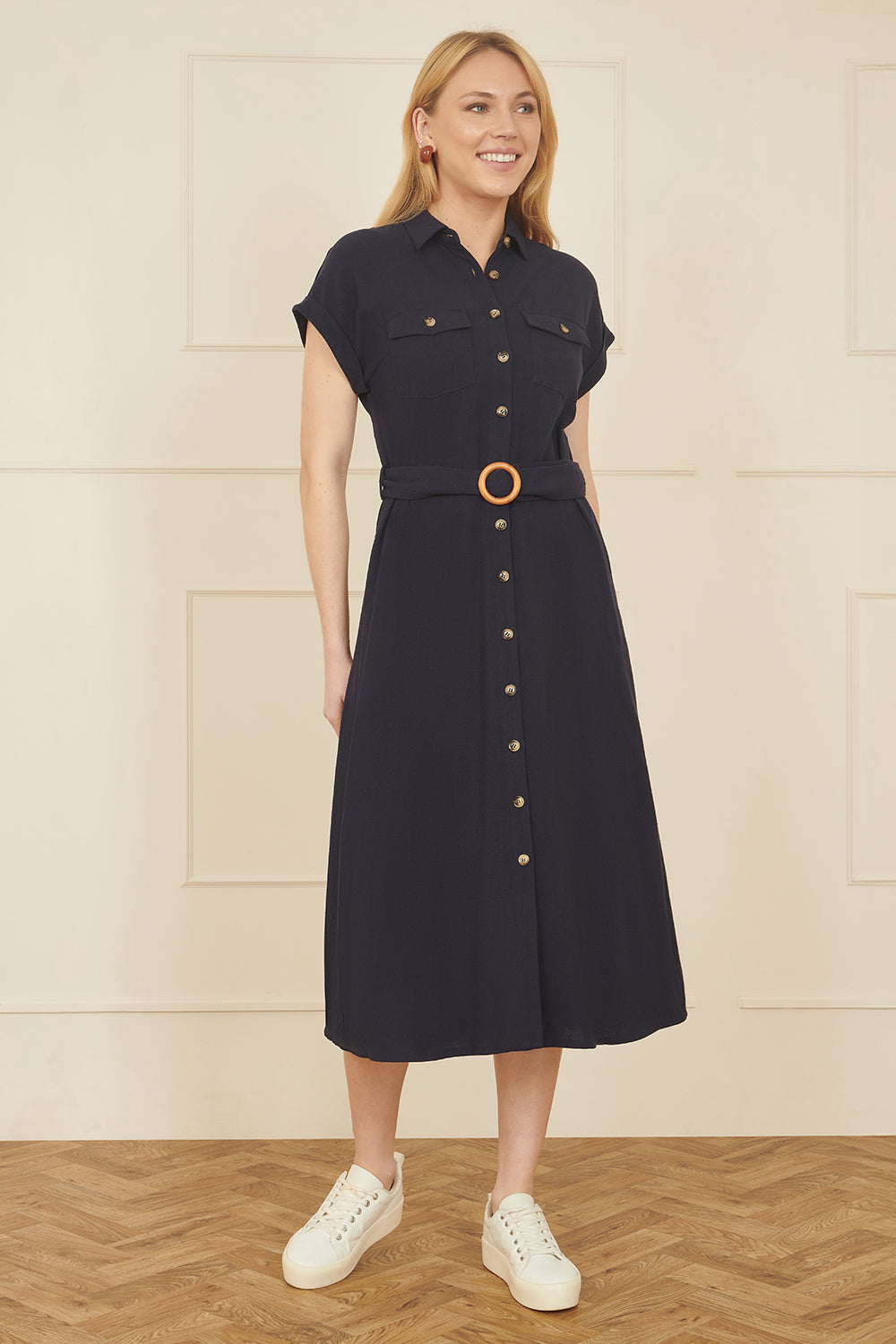 Yumi Navy Viscose Linen Look Midi Shirt Dress with Wooden Belt