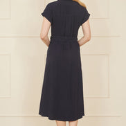 Yumi Navy Viscose Linen Look Midi Shirt Dress with Wooden Belt
