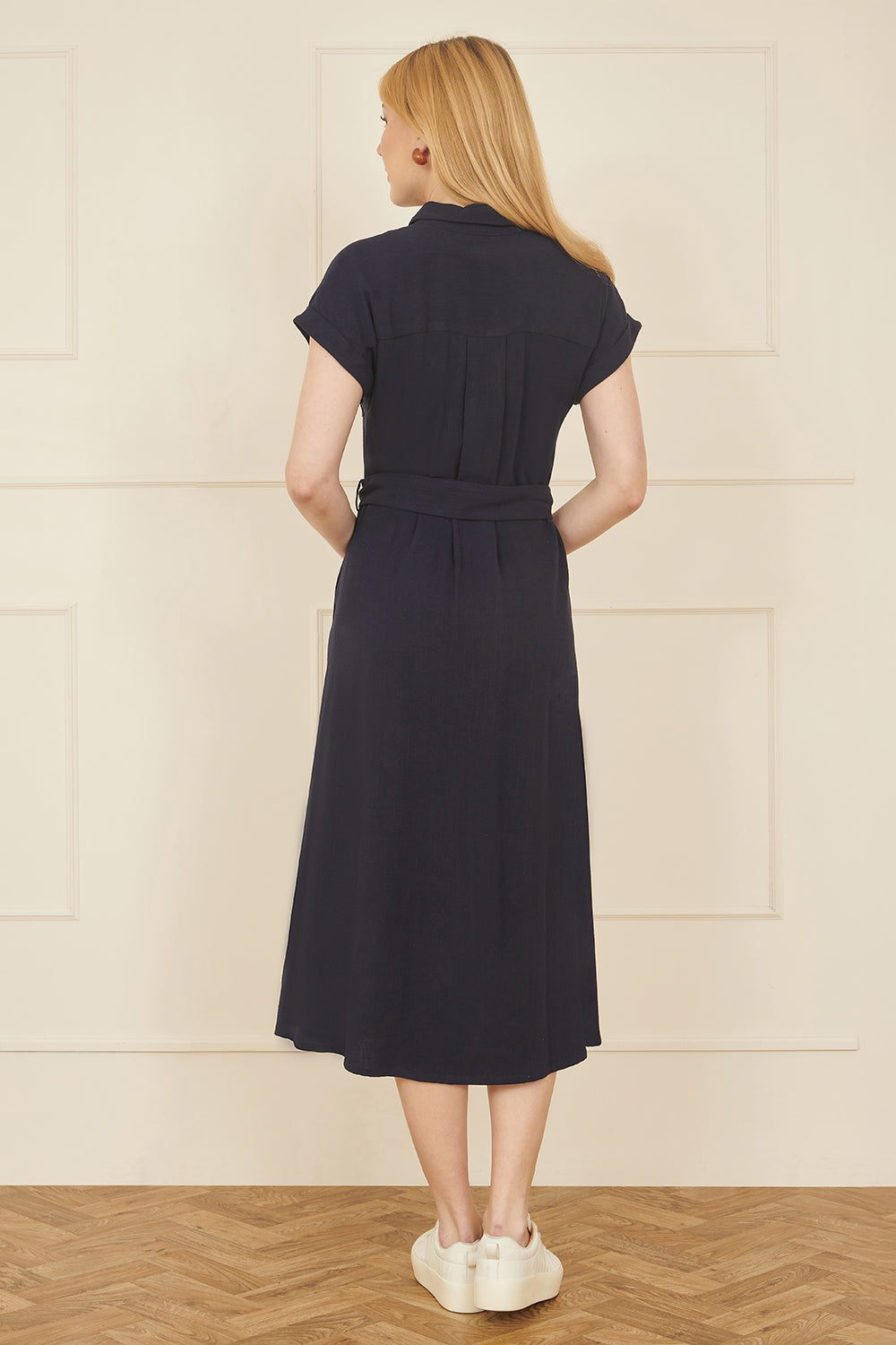 Yumi Navy Viscose Linen Look Midi Shirt Dress with Wooden Belt