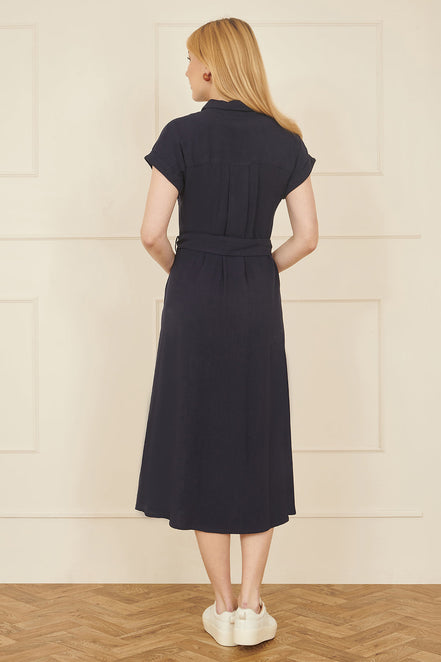 Yumi Navy Viscose Linen Look Midi Shirt Dress with Wooden Belt