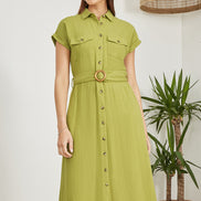 Yumi Green Viscose Linen Look Midi Shirt Dress with Wooden Belt