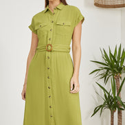 Yumi Green Viscose Linen Look Midi Shirt Dress with Wooden Belt