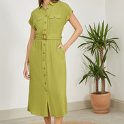 Yumi Green Viscose Linen Look Midi Shirt Dress with Wooden Belt