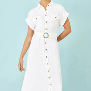 Yumi White Viscose Linen Look Midi Shirt Dress With Wooden Belt