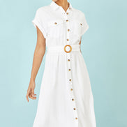 Yumi White Viscose Linen Look Midi Shirt Dress With Wooden Belt
