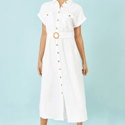 Yumi White Viscose Linen Look Midi Shirt Dress With Wooden Belt