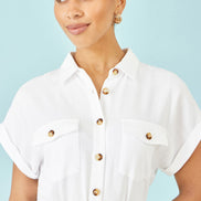 Yumi White Viscose Linen Look Midi Shirt Dress With Wooden Belt