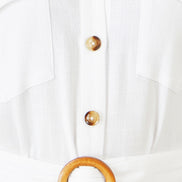 Yumi White Viscose Linen Look Midi Shirt Dress With Wooden Belt