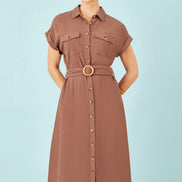 Yumi Brown Viscose Linen Look Midi Shirt Dress With Wooden Belt