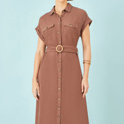 Yumi Brown Viscose Linen Look Midi Shirt Dress With Wooden Belt